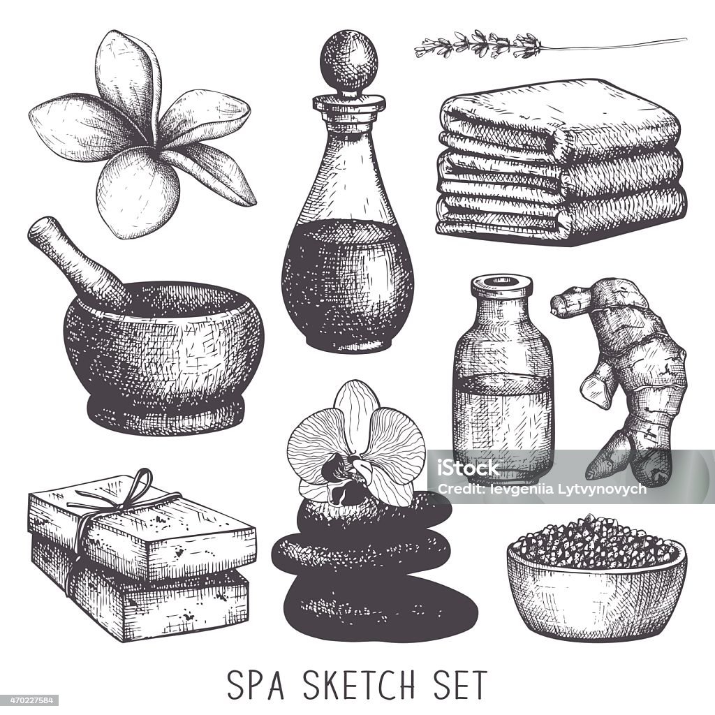 Vector spa  illustration Ink hand drawn spa  sketch set.  Vintage Spa illustration  isolated on white. Bar Of Soap stock vector