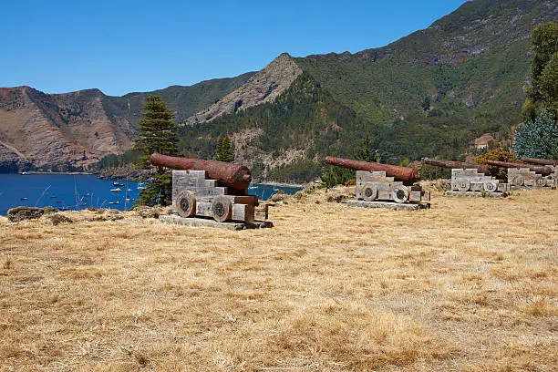 Historic Spanish fort overlooking Cumberland Bay and the town of San Juan Bautista on Robinson Crusoe Island, one of three main islands making up the Juan Fernandez Islands some 400 miles off the coast of Chile
