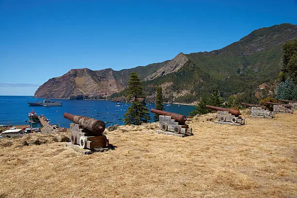 Historic Spanish fort overlooking Cumberland Bay and the town of San Juan Bautista on Robinson Crusoe Island, one of three main islands making up the Juan Fernandez Islands some 400 miles off the coast of Chile