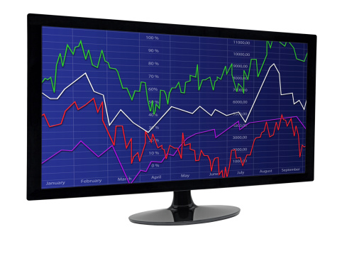 Black lcd monitor with stock and financial charts on screen, Side view isolated on white background