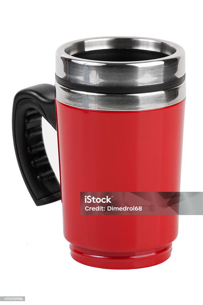 The red cup - thermos with black handle The red cup - thermos with black handle on white background Coffee - Drink Stock Photo