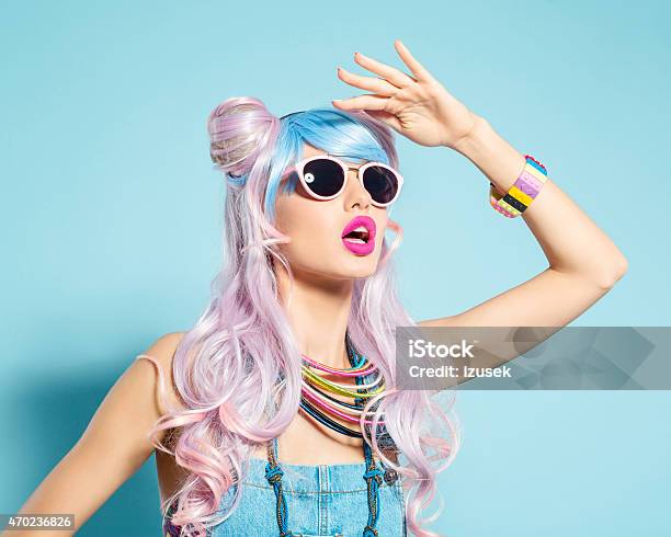 Pink Hair Girl In Funky Manga Outfit Stock Photo - Download Image Now - Women, Bizarre, Fashion Model