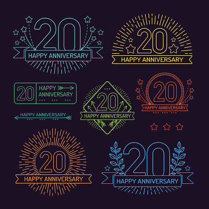 Anniversary 20th signs collection in outline style. Celebration labels with sunburst elements.