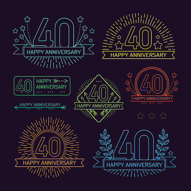 Anniversary 40th signs collection in outline style. Celebration labels with sunburst elements.