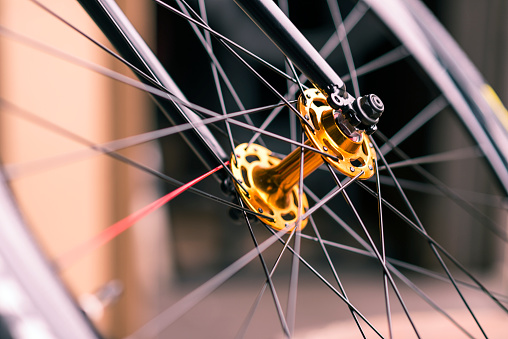 Bike Wheel with a golden hub and one red spoke. Focus is on the Gold Hub.