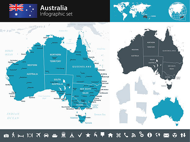 australien-infografik karte-illustration - map topography topographic map symbol stock-grafiken, -clipart, -cartoons und -symbole