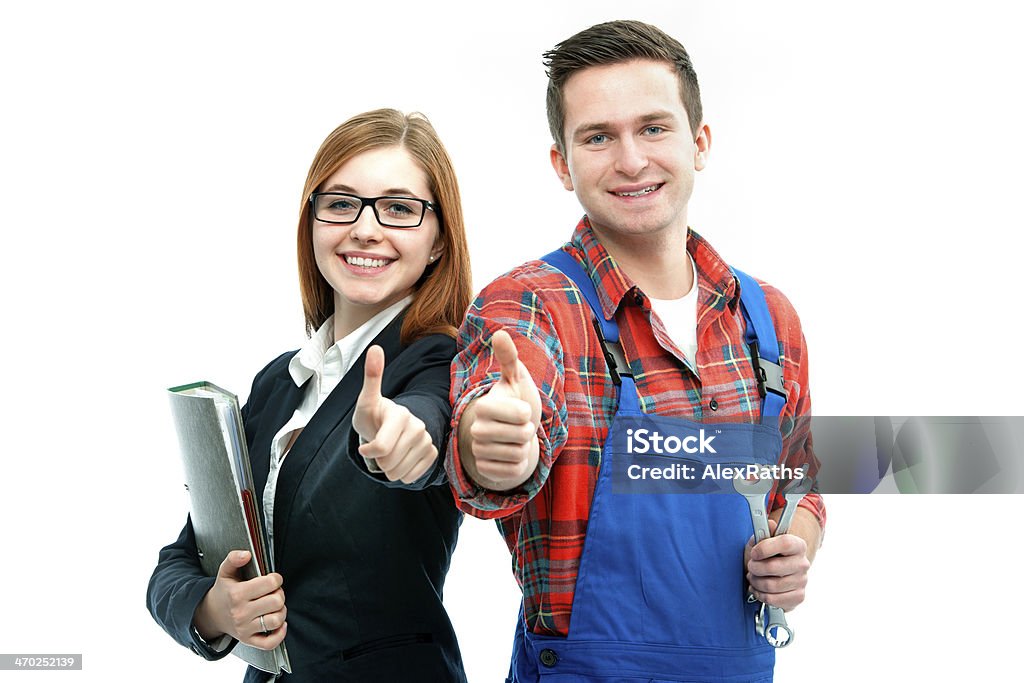Apprentices for handyman and office Apprentices for handyman and office showing thumbs up. Isolated on white background Education Stock Photo