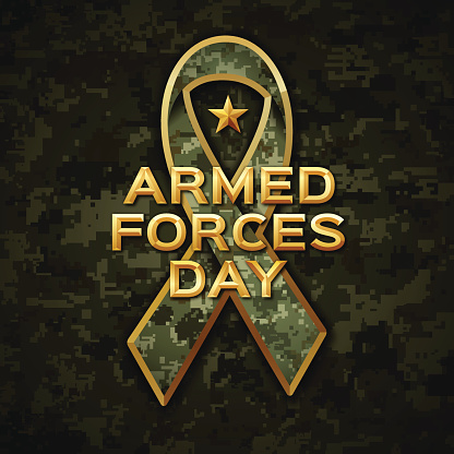 Armed forces day camouflage background, memorial ribbon and gold text message. EPS 10 file. Transparency effects used on highlight elements.