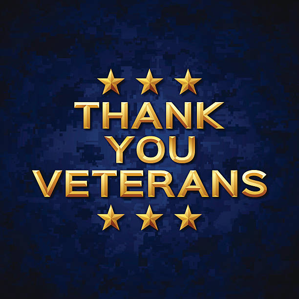 Thank You Veterans Modern blue camouflage pattern with thank you message for veterans in gold text. EPS 10 file. Transparency effects used on highlight elements. thank you veterans day stock illustrations