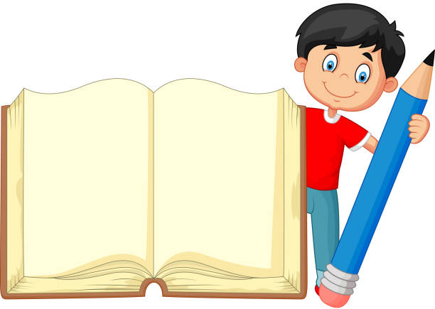 Cartoon Boy Holding Giant Book And Pencil Stock Illustration - Download  Image Now - Book, Open, Opening - iStock
