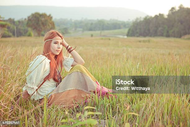 Hippie Girl At Golden Field Stock Photo - Download Image Now - Adult, Agricultural Field, Artist's Model