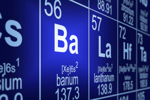 Detail of a partially blurred periodic table of the elements. Focus on barium