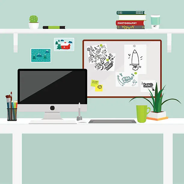Vector illustration of Flat minimalist illustration of desk, computer, pin board