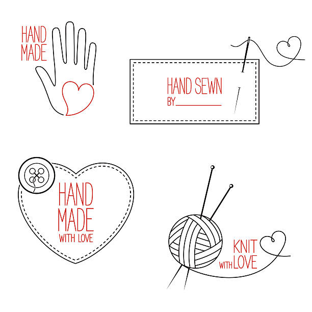 krawiec i ręcznie robiony symbolizujące zestaw - wool knitting heart shape thread stock illustrations