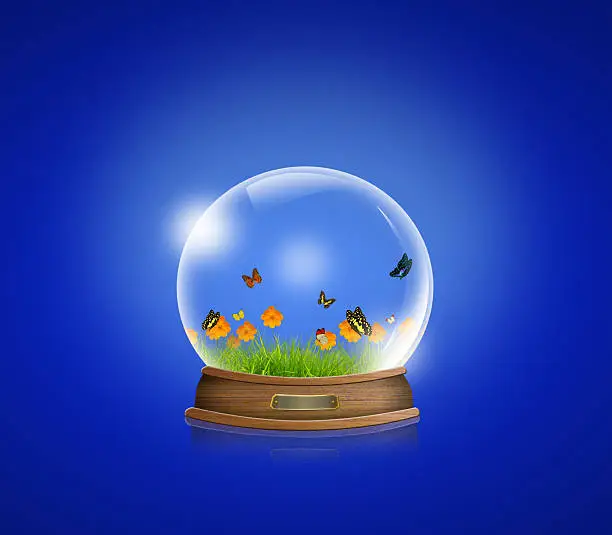 snow-dome with Yellow flowers, green grass and butterfly inside against a blue background