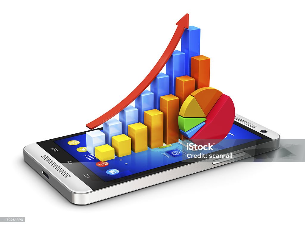 Mobile finance and analytics concept Creative abstract business finance statistics and corporate analytics internet web concept: color bar graphs and pie chart on modern black glossy touchscreen smartphone or mobile phone isolated on white background Arrow Symbol Stock Photo