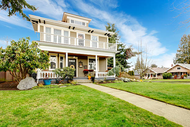 istock Two story american house with white column porch 470265553