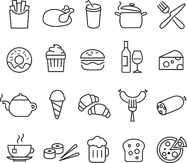 illustrazioni stock, clip art, cartoni animati e icone di tendenza di cibo icone linee sottili - coffee donut old fashioned snack