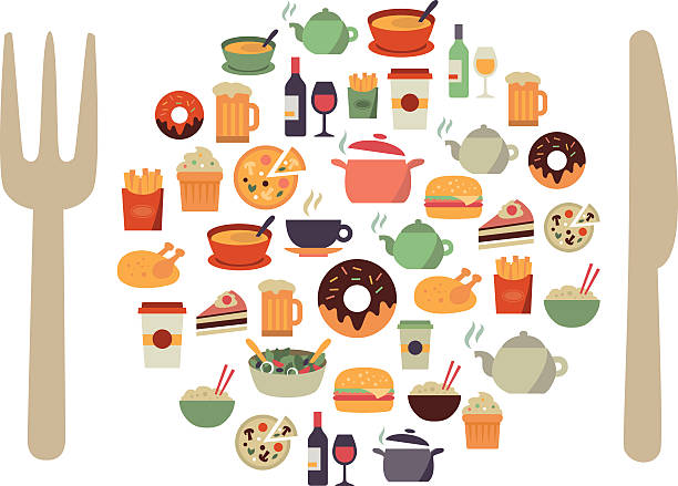 음식 아이콘 배경기술 - food or drink or food and drink illustrations stock illustrations