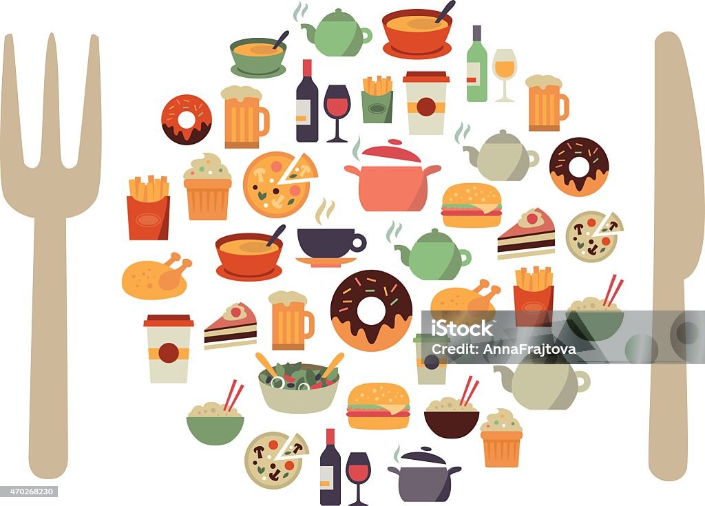 Many illustrations of food icons Food icons in form of a plate with cutlery. Modern, flat design style. Food stock vector