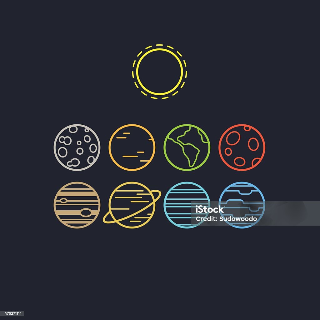 Solar system line icons Set of symbolic different colored line icons of solar system planets and sun. Two alternate color variants in archive. 2015 stock vector