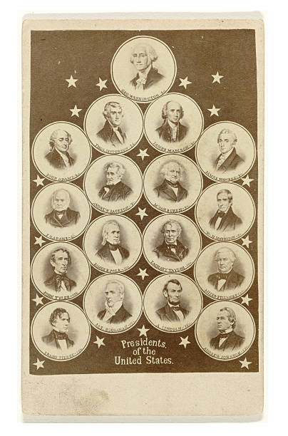 Portraits of American Presidents Composition of portraits of 17 American presidents, from George Washington to Andrew Johnson ( 1789-1869 ) .Composition of 17 portraits of American presidents in circles and stars with caption by an anonymous artist, published between 1865 -1869. It is now in the public domain. us president stock pictures, royalty-free photos & images