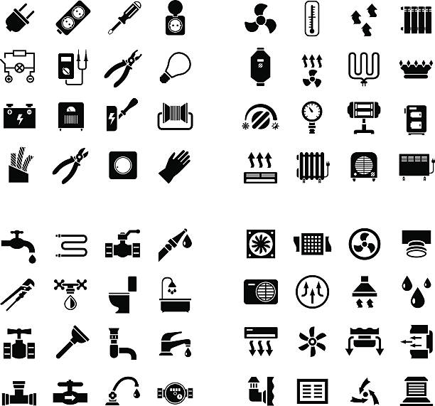 House system icons. Set icons of electricity, heating, plumbing, ventilation House system icons. Set icons of electricity, heating, plumbing, ventilation isolated on white. This illustration - EPS10 vector file. electric heater stock illustrations