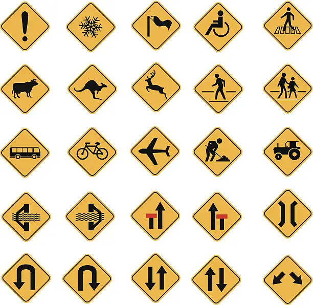 Vector illustration of Yellow traffic warning sign vector icon set