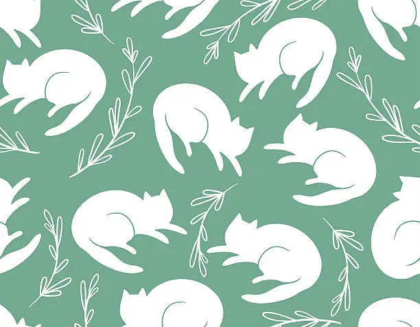 Vector illustration of Seamless pattern with cats and a grass on turquoise background