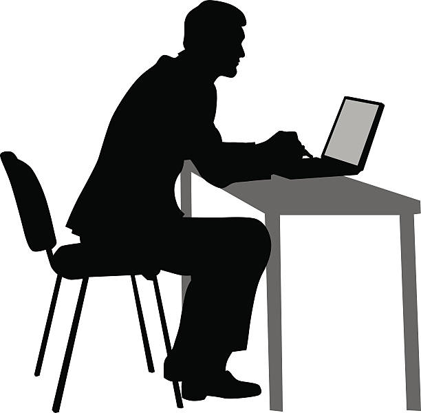 Man whit laptop Businessman at his desk with a computer on a white background computer silhouettes stock illustrations