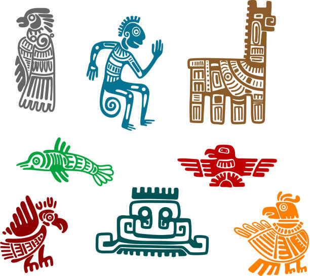 aztek i maya starożytny rysunek sztuka - old fashioned indigenous culture inca past stock illustrations