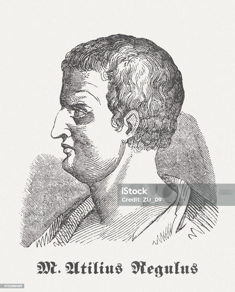 Marcus Atilius Regulus (probably before 307-250 BC, Roman statesman) Marcus Atilius Regulus (born probably before 307 BC - 250 BC), a Roman statesman and general who was consul of the Roman Republic. Woodcut engraving from the book "Illustrierte Weltgeschichte. Ein Buch für's Volk, Band 1: Das Altertum (Illustrated history of the world. A book for the people, Volume 1: The Antiquity)" by Held und Corvin. Published by Hartknoch, Leipzig in 1864 Ancient Civilization stock illustration