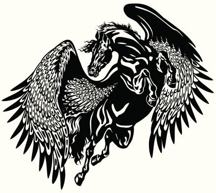 black pegasus, mythological winged horse, black and white tattoo illustration