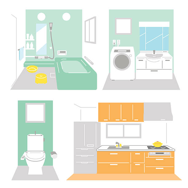 Bathroom, laundry, kitchen Bathroom, laundry, kitchen, interior, vector file vanity mirror stock illustrations
