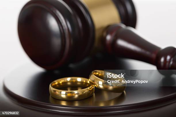 Wedding Rings And Wooden Gavel Stock Photo - Download Image Now - 2015, Breaking, Broken