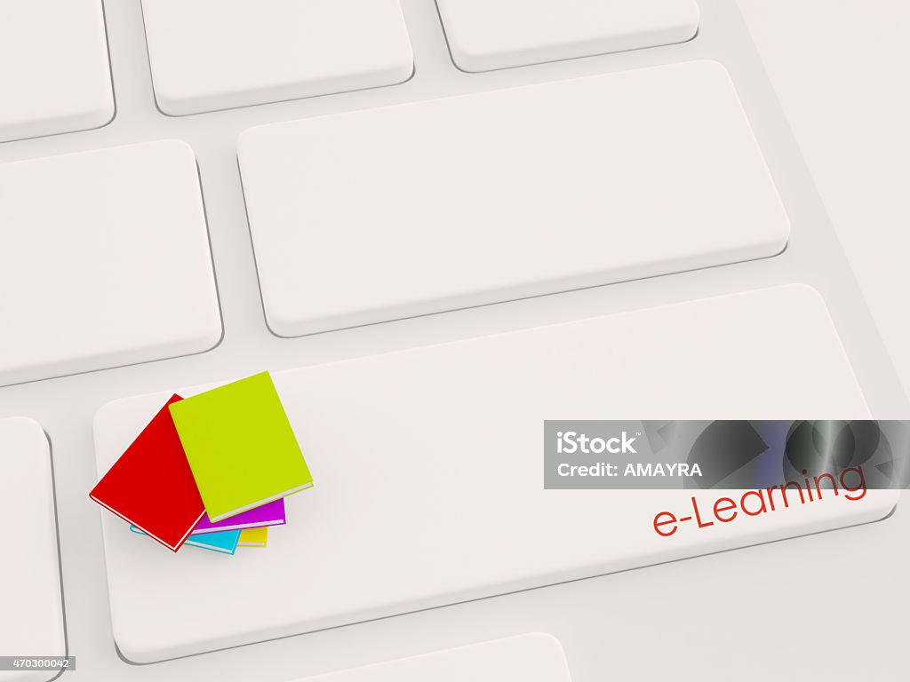 3d render of multiple books on the keyboard, e-learning concept 3d render of books on the computer keyboard. Education concept 2015 Stock Photo