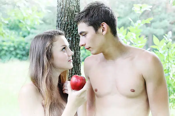 Adam and Eve with a red apple