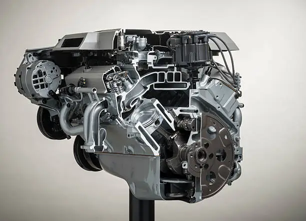 Cutaway of a Supercharged V-8 Show engine showing the internal working parts