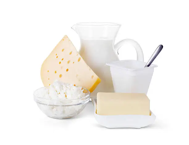 Milk, cheese and other dairy products isolated on white background with clipping path.
