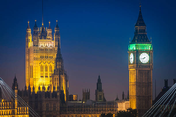 londres big ben, as casas do parlamento em westminster, no reino unido, iluminada à noite - london england victorian style big ben dark - fotografias e filmes do acervo