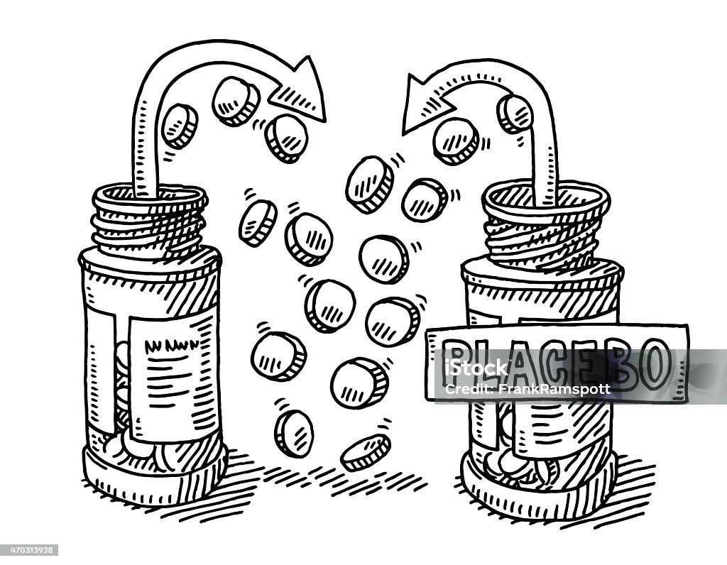 Pharmacy Placebo Pill Container Drawing Hand-drawn vector drawing of a Pharmacy Placebo Concept with Pills come from two Pill Containers, one of them is labeled as Placebo. Black-and-White sketch on a transparent background (.eps-file). Included files are EPS (v10) and Hi-Res JPG. 2015 stock vector