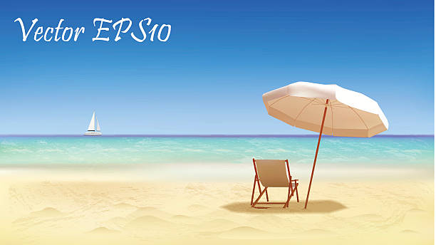 Seaside view, chair and umbrella on sunny beach vector art illustration