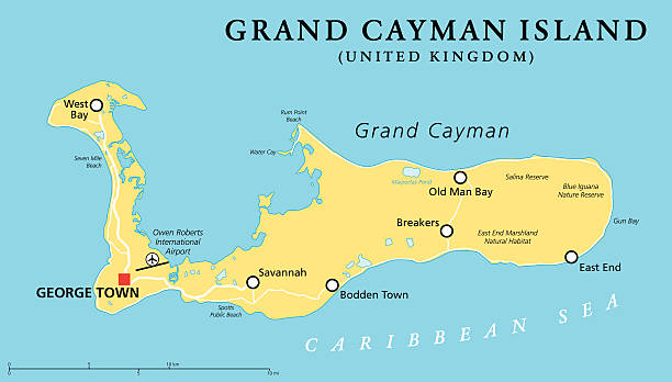 Grand Cayman Island Political Map Grand Cayman Island Political Map with capital George Town and important places, the largest of the three Cayman Islands, a British Overseas Territory in the western Caribbean Sea. English labeling and scaling. Illustration. grand cayman stock illustrations