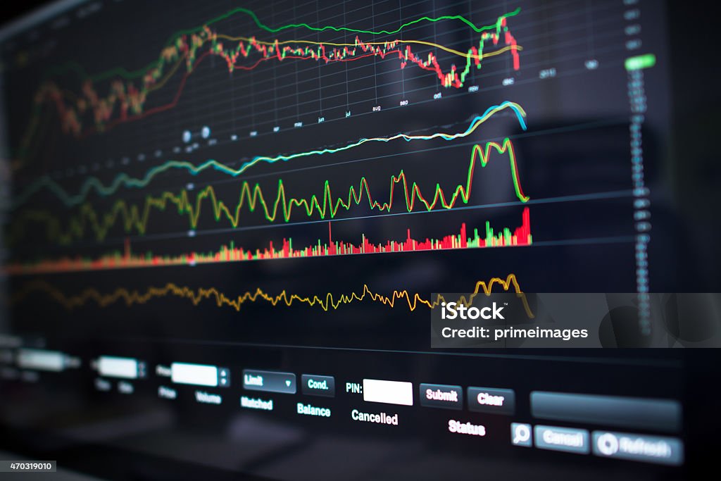 Stock market graph. Stock market graph. ( Shot with selective focus ). Depicts TradingView financial market chart. Chart Stock Photo