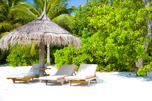 istock Deck Chairs and Umbrella Beach in the Beach in Maldives 470324984