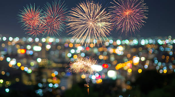 istock Multicolor fireworks with bangkok cityscape Blurred Photo bokeh 470325018
