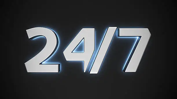 Sign "24/7" with backlight effect on the black background