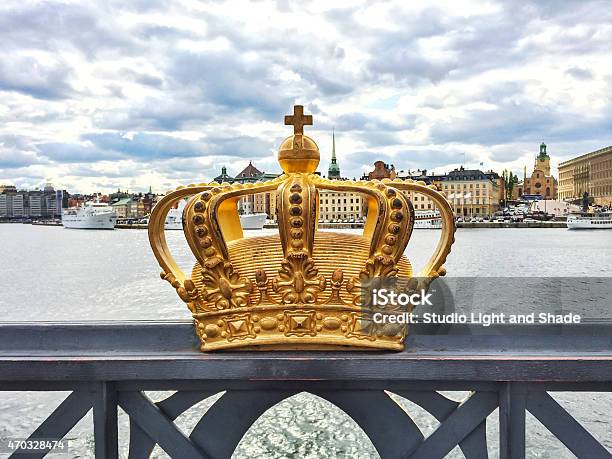 Swedish Royal Crown On A Bridge In Stockholm Stock Photo - Download Image Now - 2015, Architecture, Bay of Water