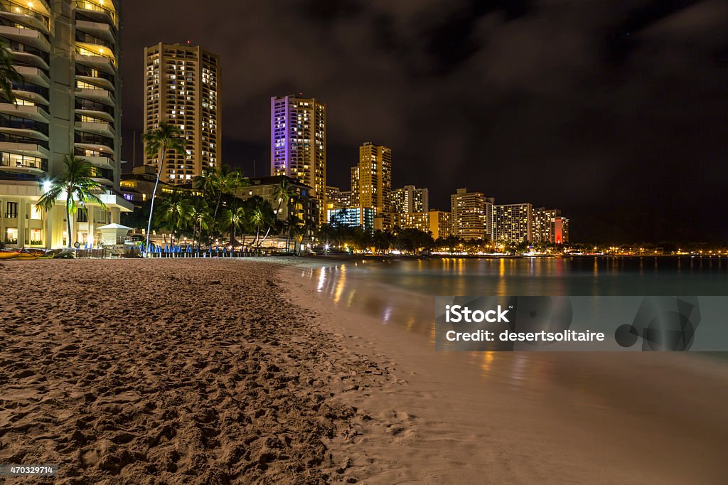 Waikiki Skyline at Night Oahu Island Hawaii skyline at Waikiki after the sun has set. 2015 Stock Photo