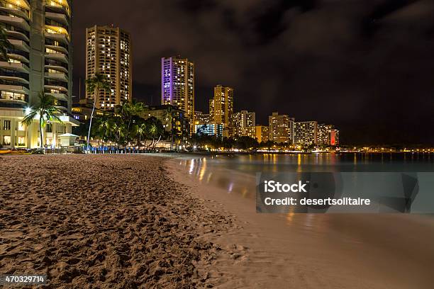 Waikiki Skyline At Night Stock Photo - Download Image Now - 2015, Backgrounds, Beach